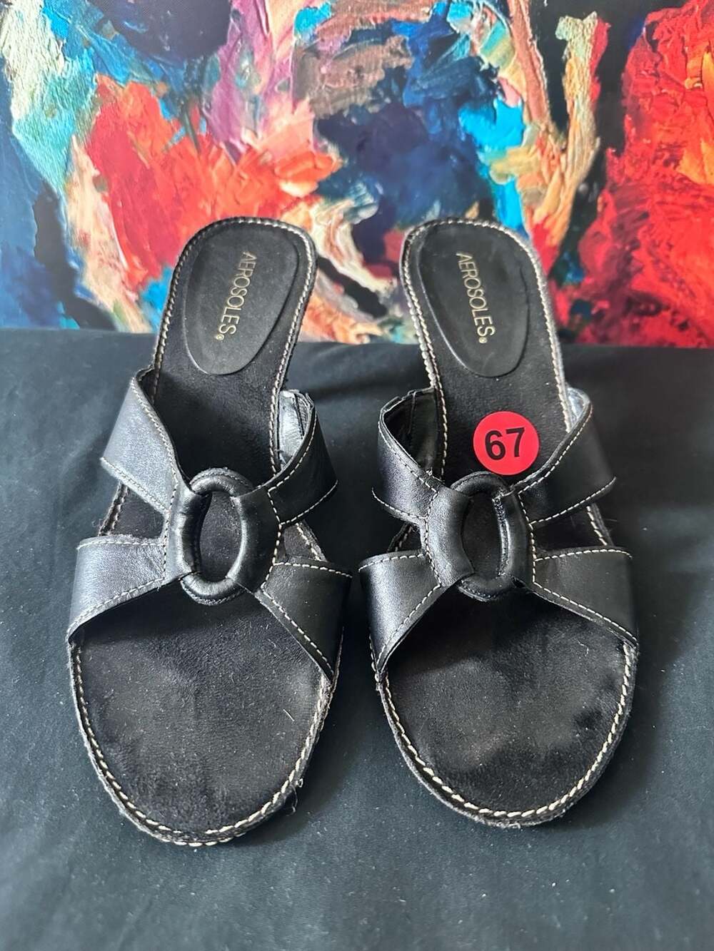 No.67 Aerosoles Black Leather Slide Heels Slip On Sandals Women's 7 B